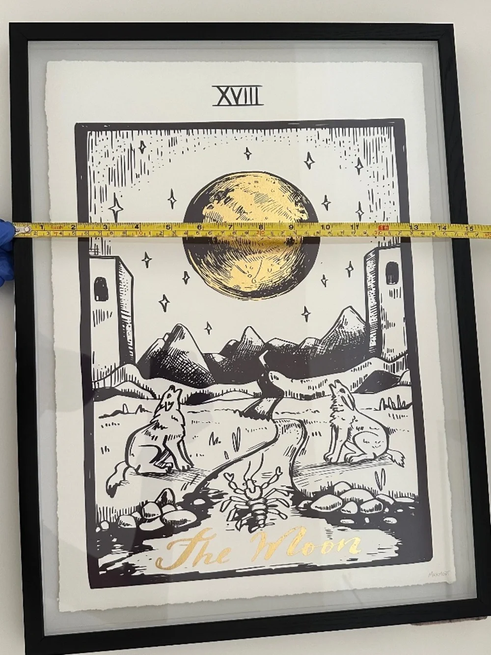 Framed “The Moon” Tarot Card Black and White Art Print with Gold Foil Accents